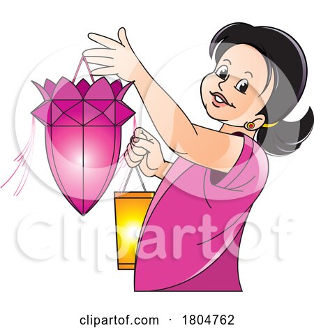 Cartoon Girl Holding a Pink Vesak Lantern by Lal Perera