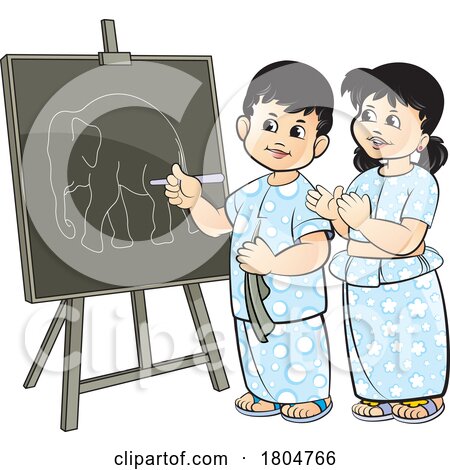 Cartoon Sinhala New Year Children Drawing an Elephant by Lal Perera