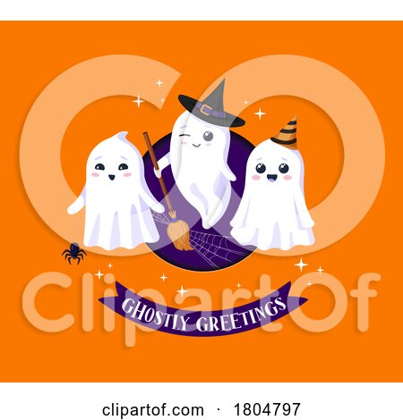 Halloween Ghost and Ghostly Greetings on Orange by Vector Tradition SM