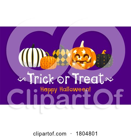 Halloween Pumpkins with Trick or Treat Happy Halloween Greeting on Purple by Vector Tradition SM