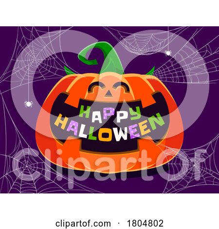 Halloween Pumpkin with Happy Halloween Greeting on Purple by Vector Tradition SM