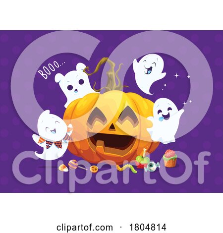 Halloween Ghosts and Pumpkin over Purple by Vector Tradition SM