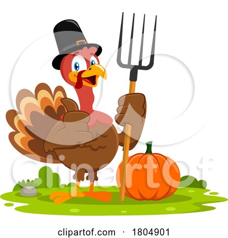 Cartoon Thanksgiving Pilgrim Turkey Bird Holding a Pitchfork by Hit Toon