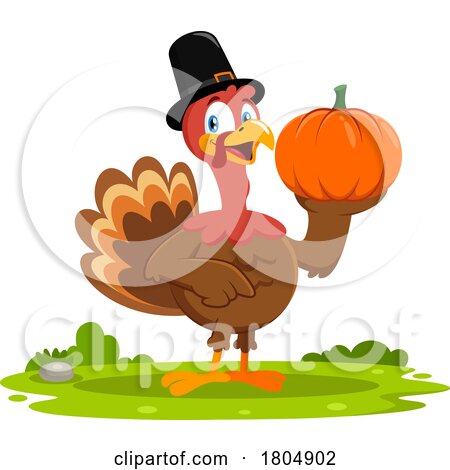 Cartoon Thanksgiving Pilgrim Turkey Bird Holding a Pumpkin by Hit Toon