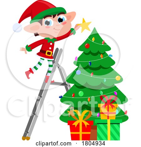Cartoon Xmas Elf Decorating a Tree by Hit Toon