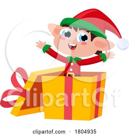 Cartoon Xmas Elf Popping out of a Gift Box by Hit Toon
