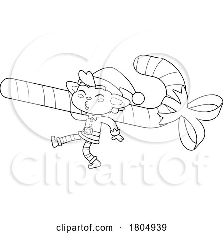 Cartoon Black and White Xmas Elf Carrying a Candy Cane by Hit Toon