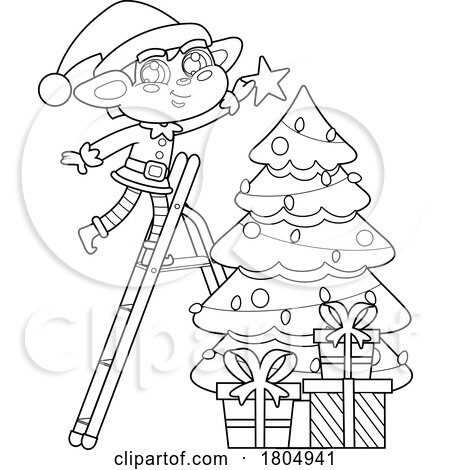 Cartoon Black and White Xmas Elf Decorating a Tree by Hit Toon