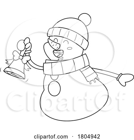 Cartoon Black and White Xmas Snowman Ringing a Bell by Hit Toon