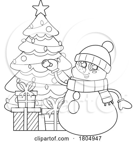 Cartoon Black and White Xmas Snowman Decorating a Tree by Hit Toon