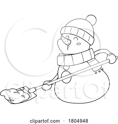 Cartoon Black and White Xmas Snowman Shoveling Snow by Hit Toon