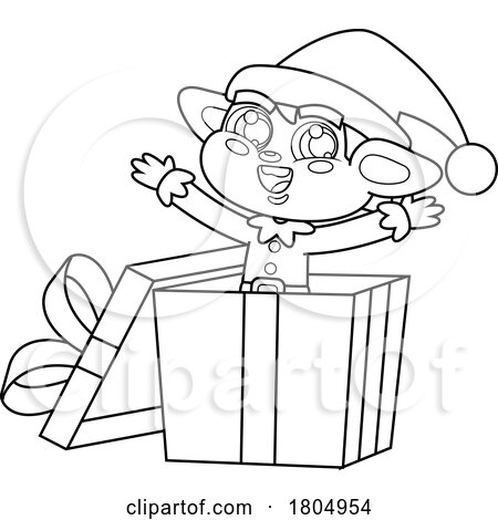 Cartoon Black and White Xmas Elf Popping out of a Gift Box by Hit Toon
