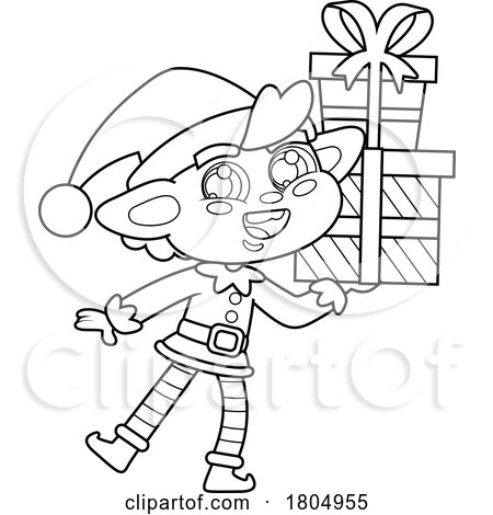 Cartoon Black and White Xmas Elf Carrying Gifts by Hit Toon