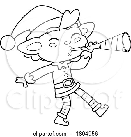 Cartoon Black and White Xmas Elf Blowing a Horn by Hit Toon