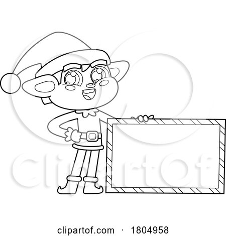 Cartoon Black and White Xmas Elf with a Sign by Hit Toon