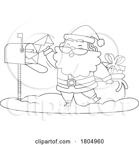 Cartoon Black and White Xmas Santa Claus Collecting Mail by Hit Toon
