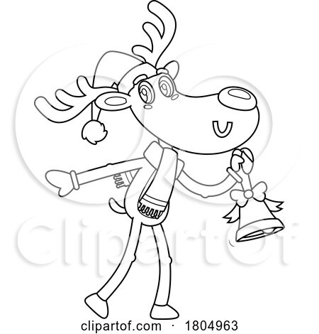 Cartoon Black and White Xmas Reindeer Ringing a Bell by Hit Toon
