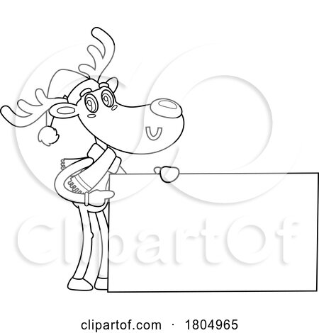 Cartoon Black and White Xmas Reindeer with a Blank Sign by Hit Toon