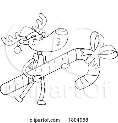 Cartoon Black and White Xmas Reindeer Carrying a Giant Candy Cane by Hit Toon