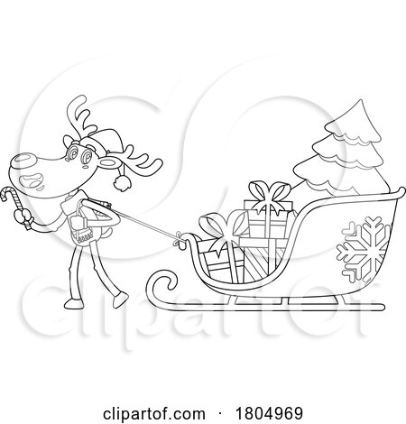 Cartoon Black and White Xmas Reindeer Pulling a Sleigh by Hit Toon