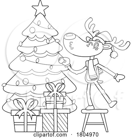 Cartoon Black and White Xmas Reindeer Decorating a Tree by Hit Toon