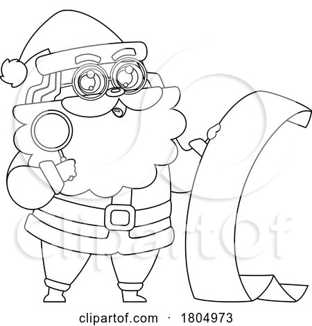 Cartoon Black and White Xmas Santa Claus Checking His List by Hit Toon