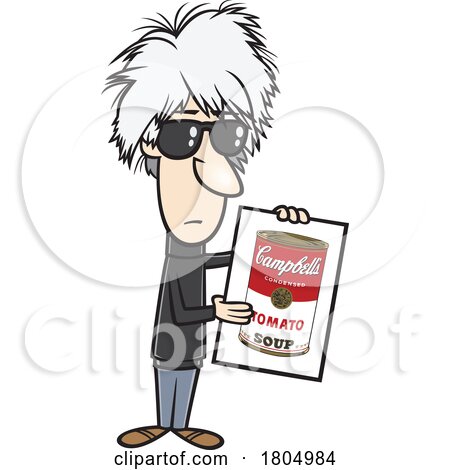 Cartoon Caricature of Andy Warhol Holding a Canvas of Campbells Tomato Soup by toonaday