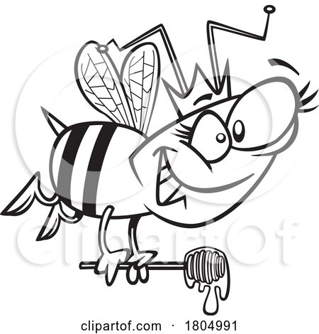 Cartoon Black and White Queen Bee Flying with a Dripping Honey Dipper by toonaday
