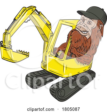 Sasquatch Bigfoot Wearing Operating Mechanical Digger Excavator Cartoon Drawing Color by patrimonio