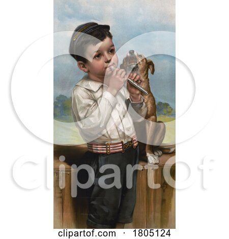 Boy Playing a Flute and His Dog Howling by JVPD