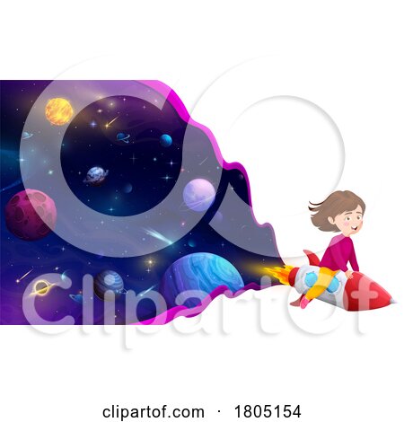 Girl Flying on a Rocket Through Outer Space by Vector Tradition SM