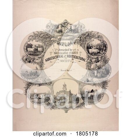 Diploma for an Agricultural and Horticultural Society with Livestock and a Scene of a Church by JVPD