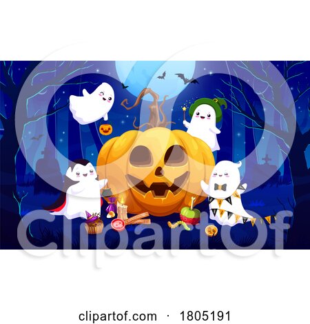 Halloween Ghosts Partying in a Cemetery by Vector Tradition SM