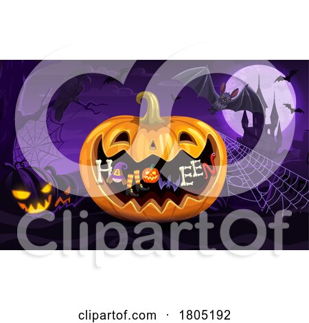 Halloween Jackolanterns and Bats near a Haunted Castle by Vector Tradition SM