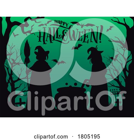 Silhouetted Witches with a Cauldron and Happy Halloween in a Cemetery over Green by Vector Tradition SM