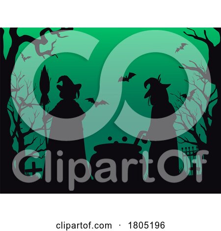 Silhouetted Witches with a Cauldron in a Cemetery over Green by Vector Tradition SM