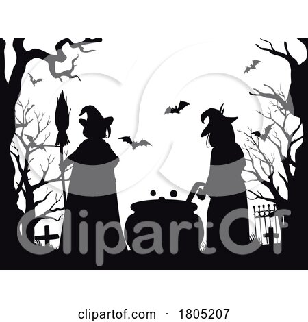 Silhouetted Witches with a Cauldron in a Cemetery by Vector Tradition SM