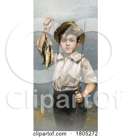 Boy Holding a Fishing Pole and His Catch by JVPD