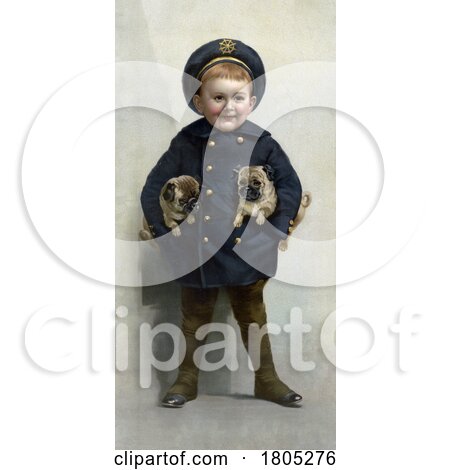 Boy Wearing a Sailor Coat and Holding Pug Puppies by JVPD
