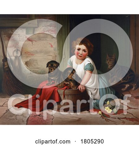 Girl with Puppies and a Cat by JVPD