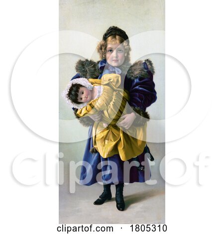 Girl Wearing a Blue Coat and Holding a Doll in a Yellow Dress by JVPD
