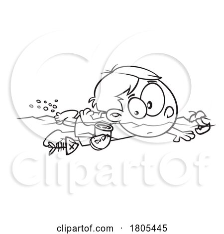 Cartoon Black and White Boy Swimming in Polluted Water by toonaday