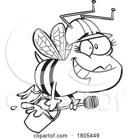 Cartoon Black and White Happy Female Worker Bee Flying with a Pail of Honey by toonaday