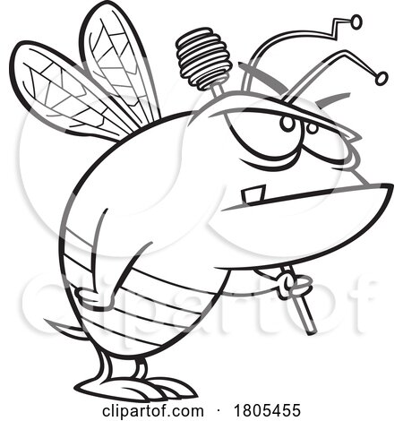 Cartoon Black and White Tough Guard Bee with a Honey Dipper by toonaday