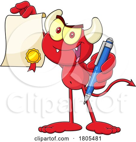 Cartoon Devil Holding a Pen to Sign an Agreement by Hit Toon
