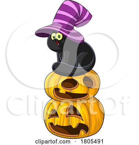 Cartoon Halloween Witch Cat Sitting on Jackolanterns by Hit Toon
