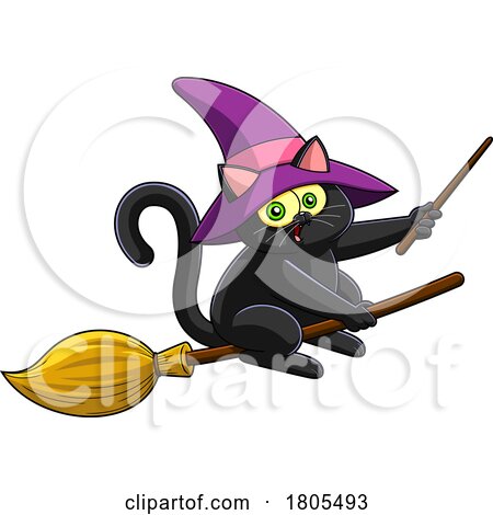 Cartoon Halloween Witch Cat Flying on a Broomstick by Hit Toon