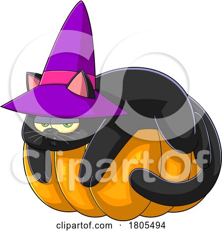 Cartoon Halloween Witch Cat Draped over a Pumpkin by Hit Toon