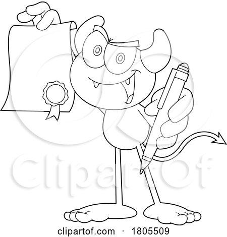 Cartoon Black and White Devil Holding a Pen to Sign an Agreement by Hit Toon