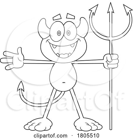 Cartoon Black and White Devil Holding a Trident and Welcoming by Hit Toon